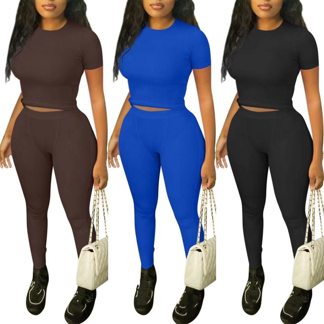 black solid blank ribbed basic tshirt and legging two pieces set lounge wear dupe loungewear women set clothing wholesale custom