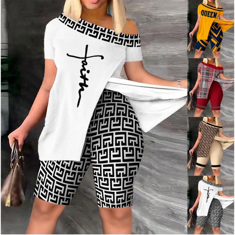 Plus Size Women's Clothing High Fashion Summer 2023 Slant Shoulder Asymmetric Printing 2 Piece Sets for Women