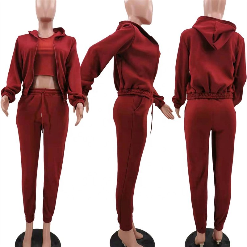 Fall Custom Fleece Hoodie Sweatshirt Sports Leisure Solid Color Simple Suit Long Sleeve 3 Three Piece Pants Set Women'S Clothing