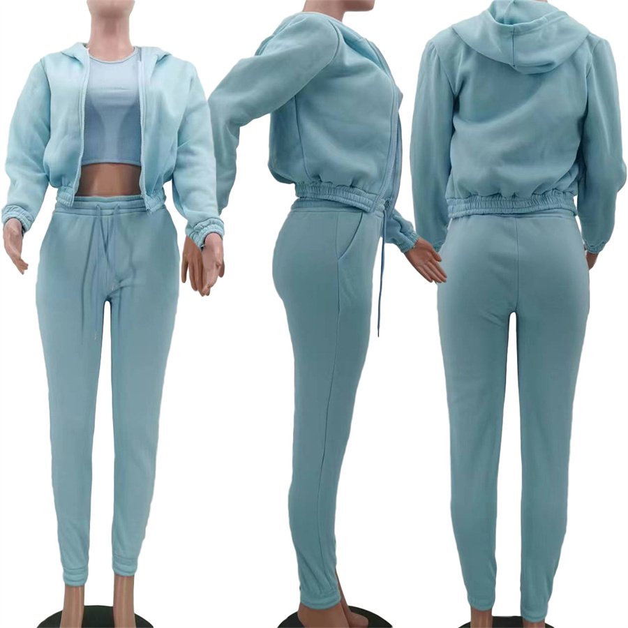 Fall Custom Fleece Hoodie Sweatshirt Sports Leisure Solid Color Simple Suit Long Sleeve 3 Three Piece Pants Set Women'S Clothing