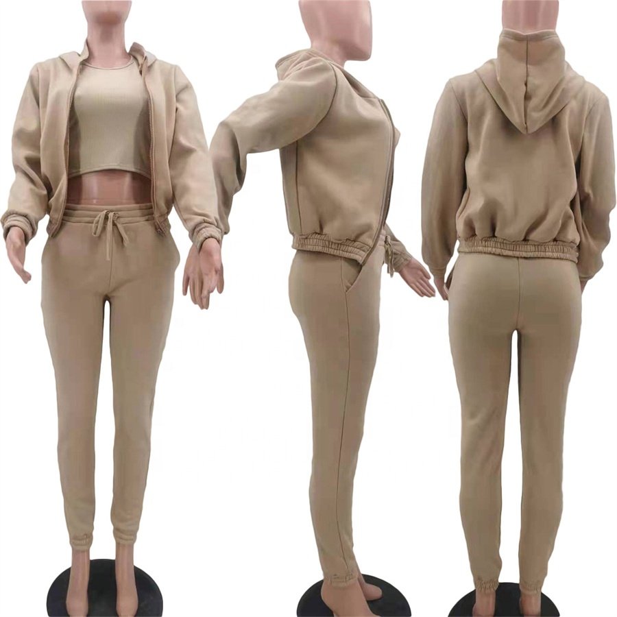 Fall Custom Fleece Hoodie Sweatshirt Sports Leisure Solid Color Simple Suit Long Sleeve 3 Three Piece Pants Set Women'S Clothing