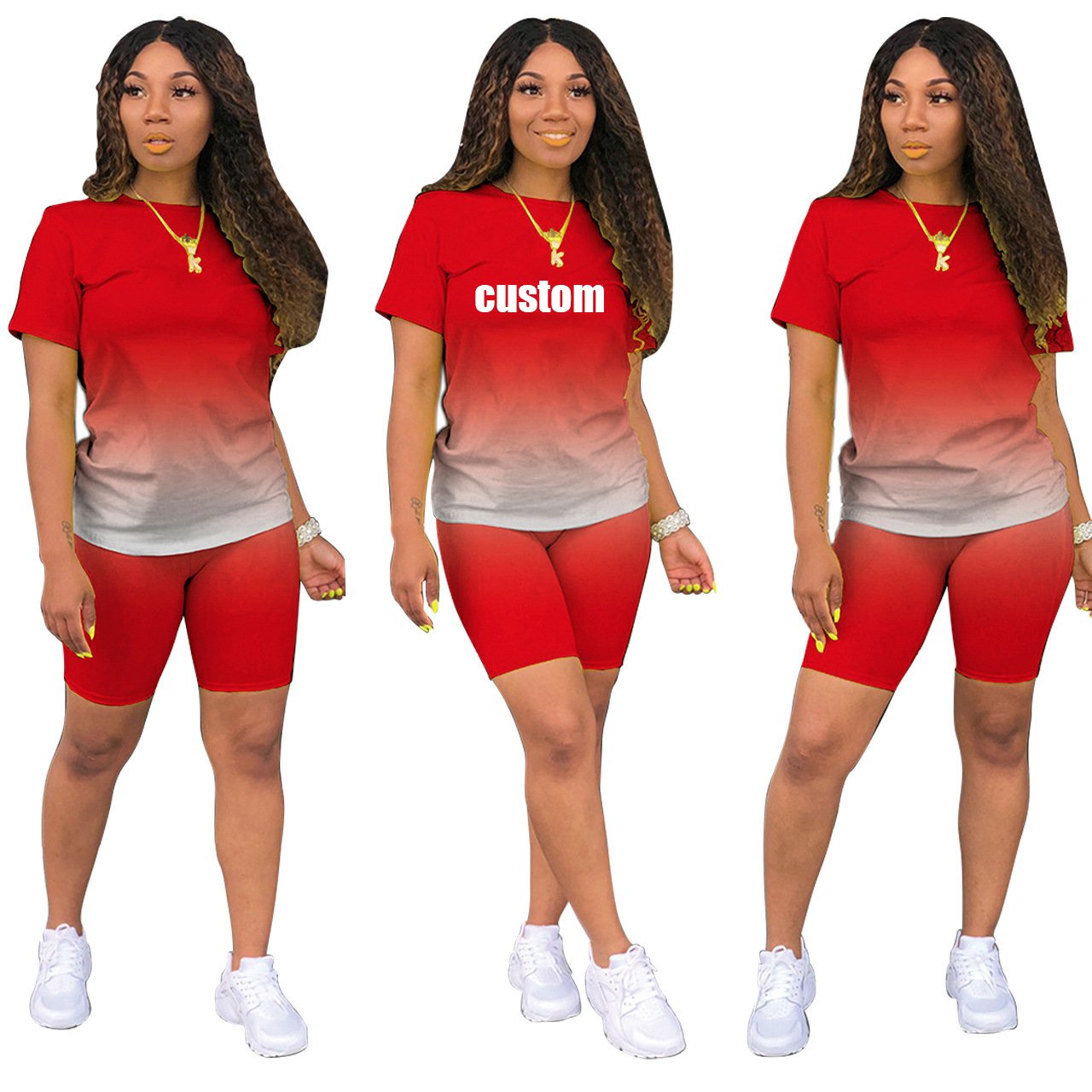 Summer 2024 Outfits Custom Logo Women'S Sets Gradient 2 Piece Short Sleeve Casual Two Piece Short Pants Set Women Clothing