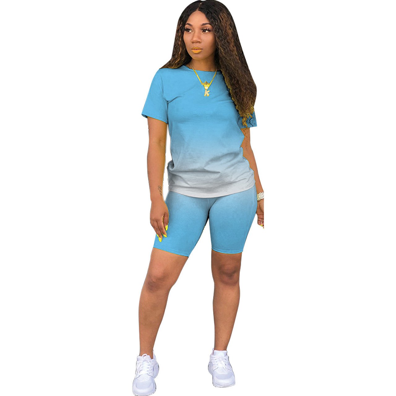 Summer 2024 Outfits Custom Logo Women'S Sets Gradient 2 Piece Short Sleeve Casual Two Piece Short Pants Set Women Clothing