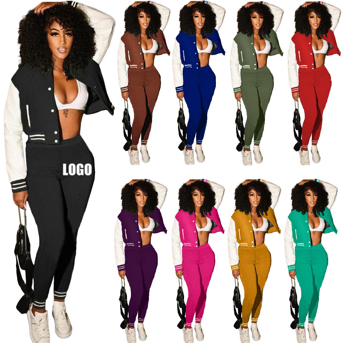 Conyson Autumn Winter Baseball Jacket Sport Women's Sets Joggers Pants Active Sweatsuit Tracksuit Outfits Two Piece Pants Set