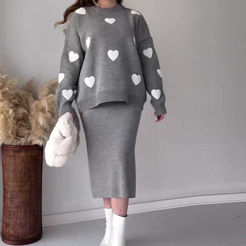 Boutique Wholesale 2024 Autumn New Fashion Printed Sweater Knitted Half Skirt Women's Set