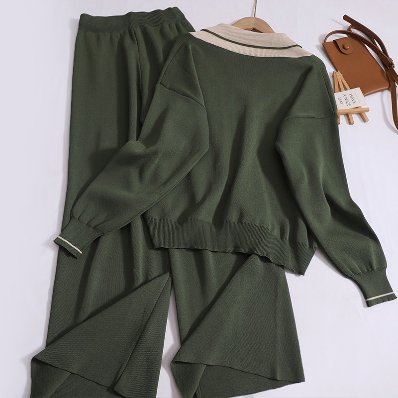 Wholesale 2024 Autumn New V-neck Loose Fitting Fake Two-piece Long Sleeved Sweater High Waisted Pants Women's Set