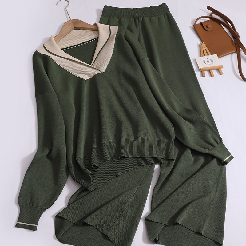 Wholesale 2024 Autumn New V-neck Loose Fitting Fake Two-piece Long Sleeved Sweater High Waisted Pants Women's Set