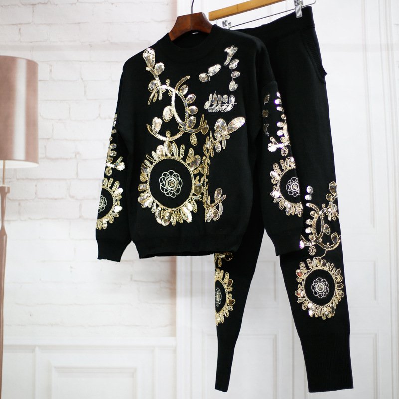 Trendy Fashion New Casual Fall Winter Warm Lady Sequin Sweater Pants Set Two Piece Set 2 Piece Knitted Sweater Sets Womens