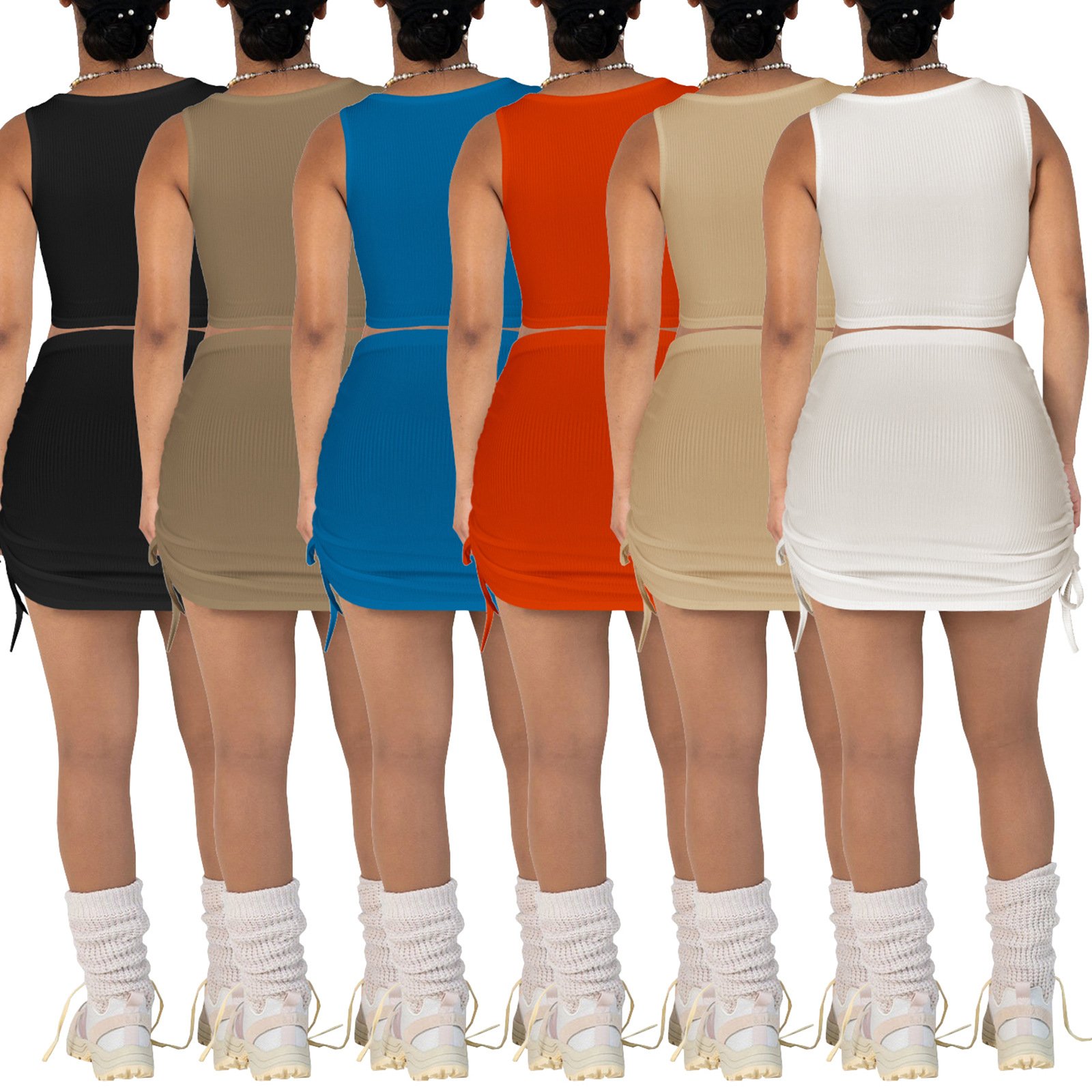 Summer Stretched Sleeveless Two Pieces Women Suits Ribbed Mini Short Skirt Sexy 2piece Set Skirt And Crop Top Outfits For Women
