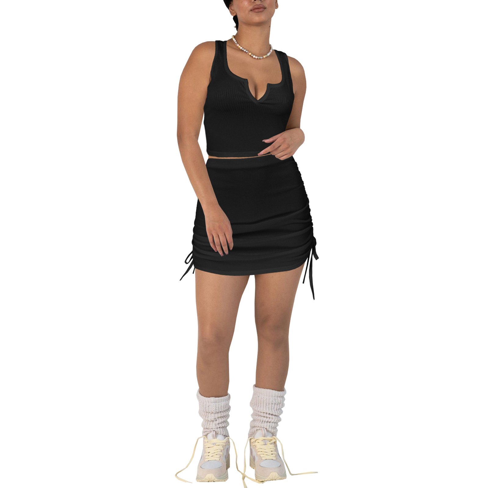 Summer Stretched Sleeveless Two Pieces Women Suits Ribbed Mini Short Skirt Sexy 2piece Set Skirt And Crop Top Outfits For Women