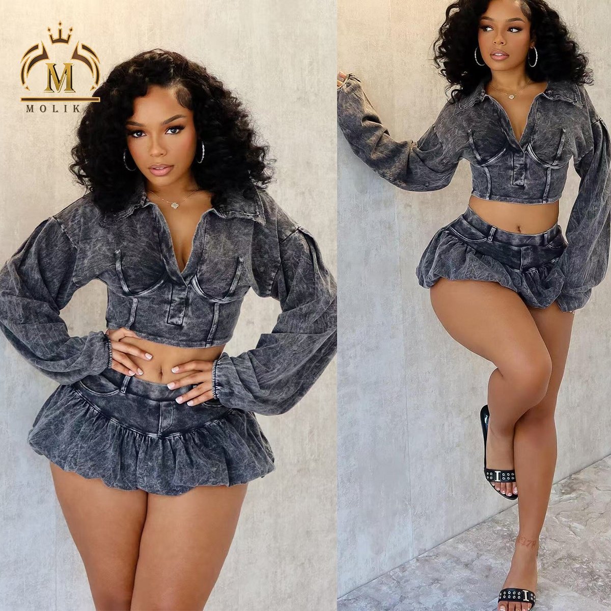 Spring Fall Trendy Women's Skirt Set Cotton Washed Long Sleeve Crop Top And Shorts Skirt Sets Y2K Two Piece Sets Women Clothing