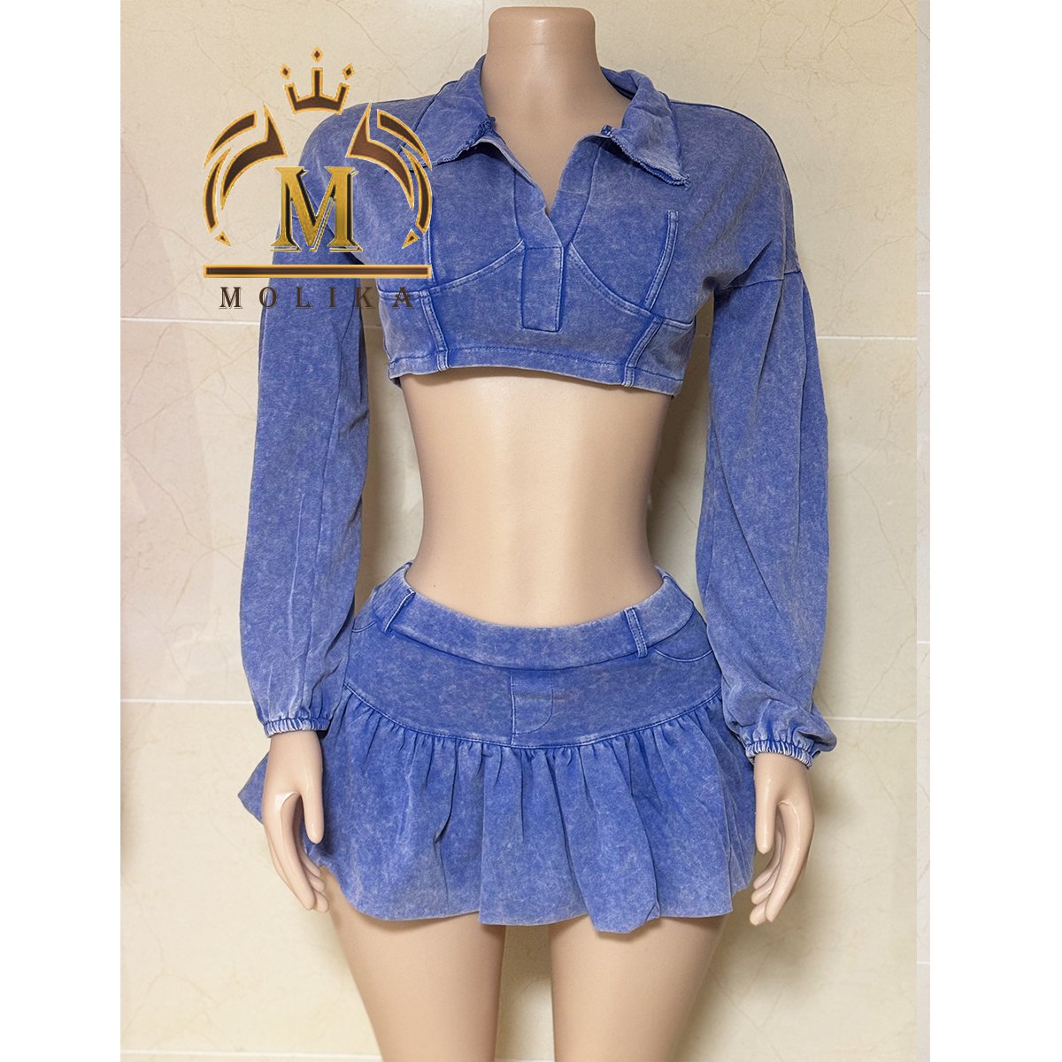 Spring Fall Trendy Women's Skirt Set Cotton Washed Long Sleeve Crop Top And Shorts Skirt Sets Y2K Two Piece Sets Women Clothing