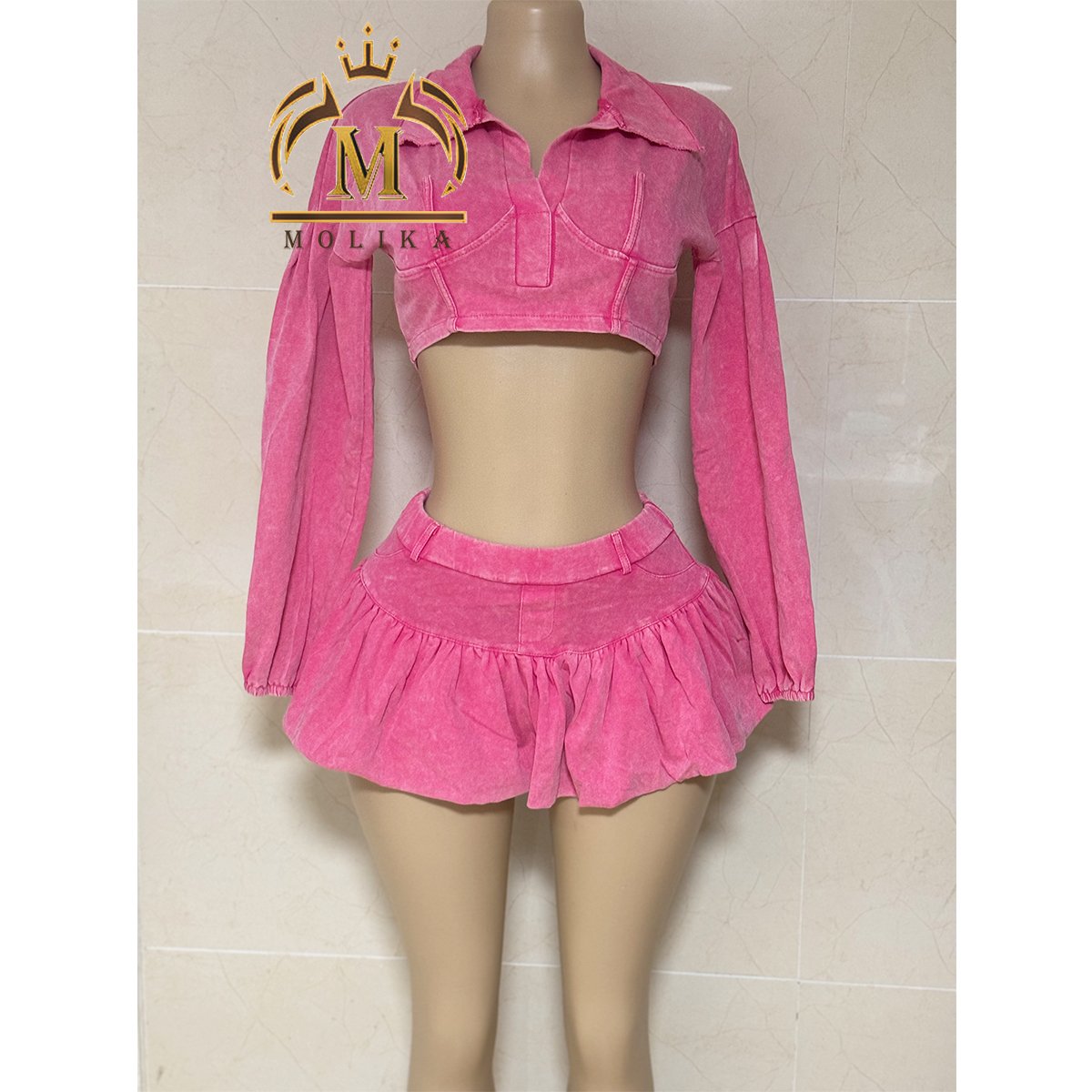 Spring Fall Trendy Women's Skirt Set Cotton Washed Long Sleeve Crop Top And Shorts Skirt Sets Y2K Two Piece Sets Women Clothing