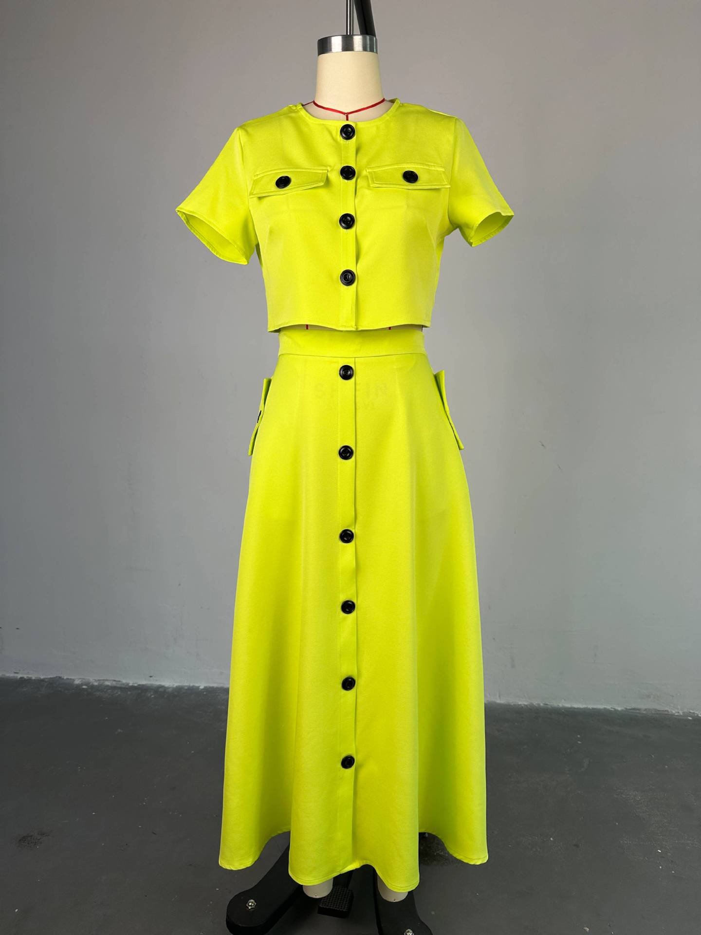 Summer women clothing ladies casual O neck short sleeve shirt crop top high waist button half skirt two piece women's sets
