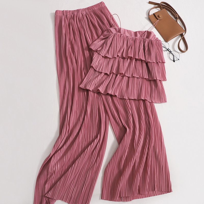 Wholesale 2023 Summer New Design Pleated Ruffle Edge Suspender Tank Top Casual Wide Leg Pants Women's Set