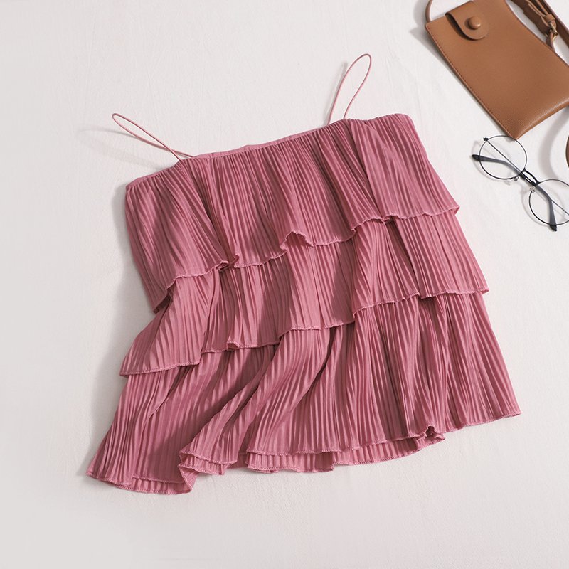 Wholesale 2023 Summer New Design Pleated Ruffle Edge Suspender Tank Top Casual Wide Leg Pants Women's Set