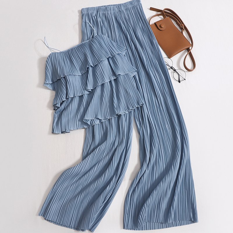 Wholesale 2023 Summer New Design Pleated Ruffle Edge Suspender Tank Top Casual Wide Leg Pants Women's Set
