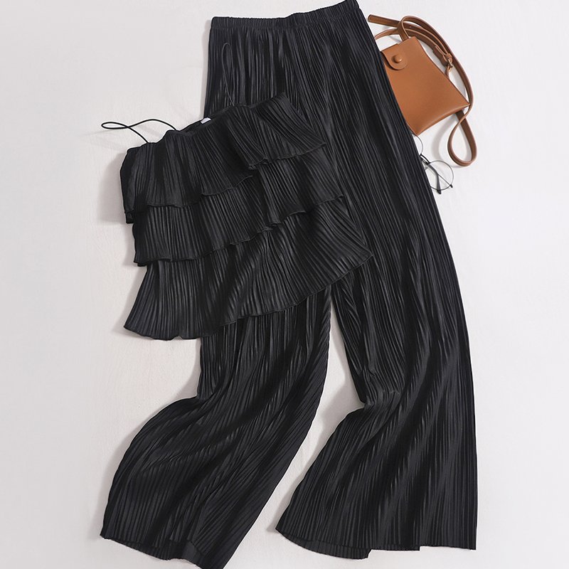 Wholesale 2023 Summer New Design Pleated Ruffle Edge Suspender Tank Top Casual Wide Leg Pants Women's Set