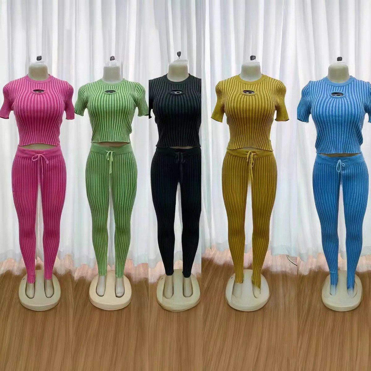 Peeqi Knitted hollow out designer short sleeve crop tops high waist leggings pants casual elegant streetwear 2 piece set women
