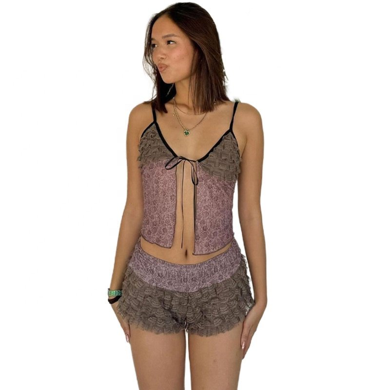 JY summer 2024 print hollow out tether cami top and short pants 2 piece set bodycon casual fashion women's set