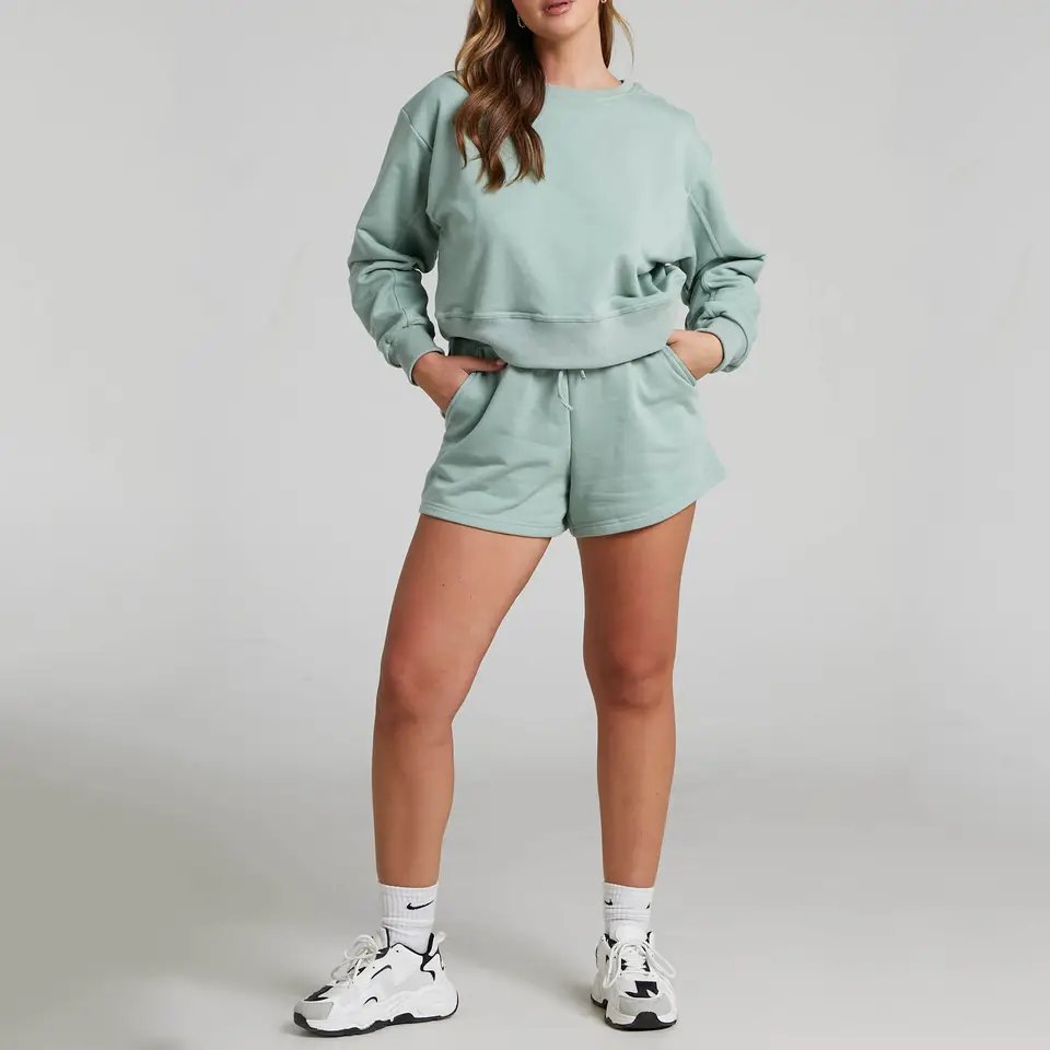 Custom Logo Women Short Jogger Set Plain Short Sweatpants Tracksuit Set