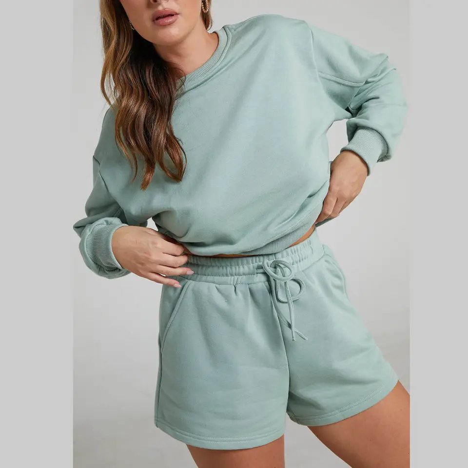 Custom Logo Women Short Jogger Set Plain Short Sweatpants Tracksuit Set