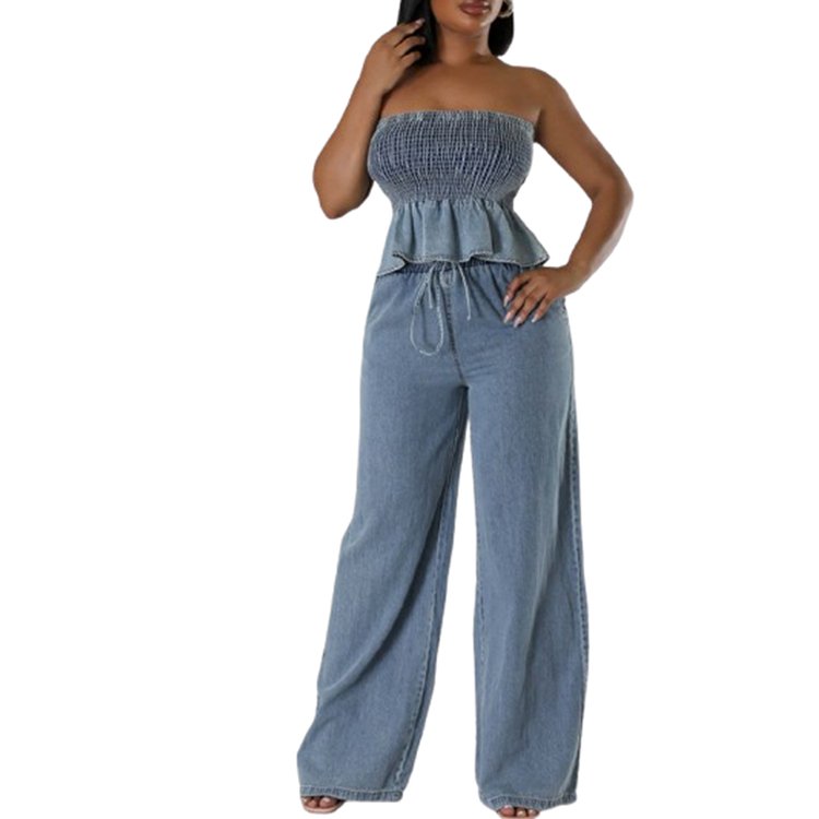 DG092295 Fall 2024 women clothes fashion Ruffle Denim Strapless Top Wide Leg Pants women's sets