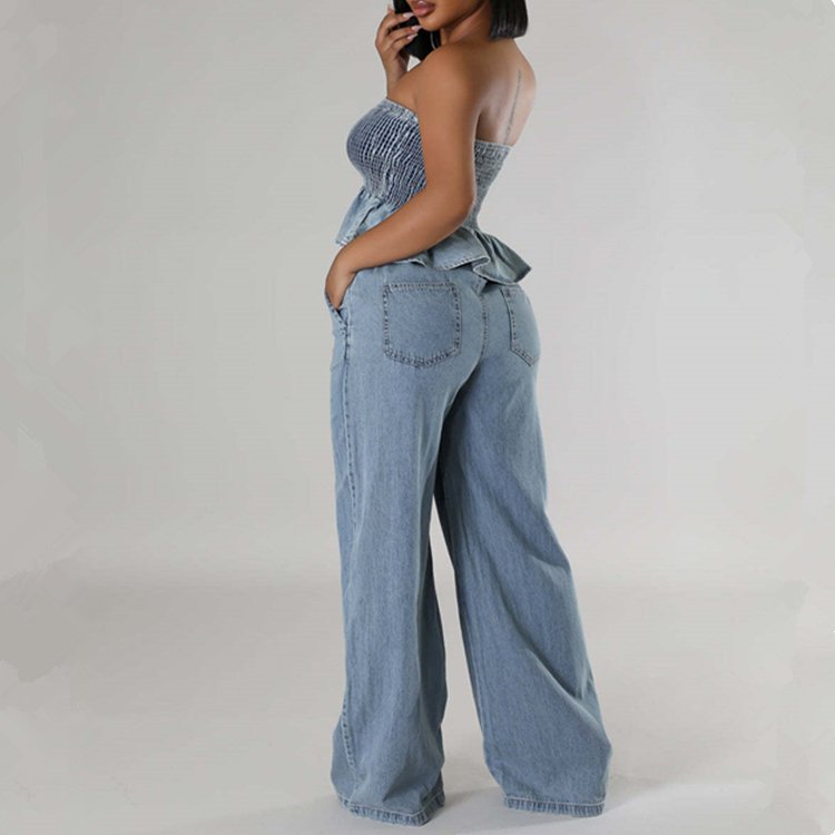 DG092295 Fall 2024 women clothes fashion Ruffle Denim Strapless Top Wide Leg Pants women's sets