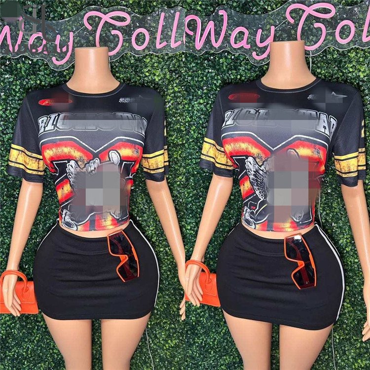 Women Casual Sports 2 Piece Set Graphic Print T Shirt Striped Skirt Suit Summer Sporty Two Piece Skirt Sets
