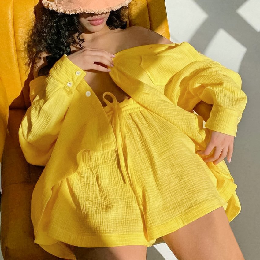 High Quality Fashion 100% Cotton Linen Casual Double Crepe Long Sleeve Shirt Shorts Women's Suit Shirt Shorts Suit