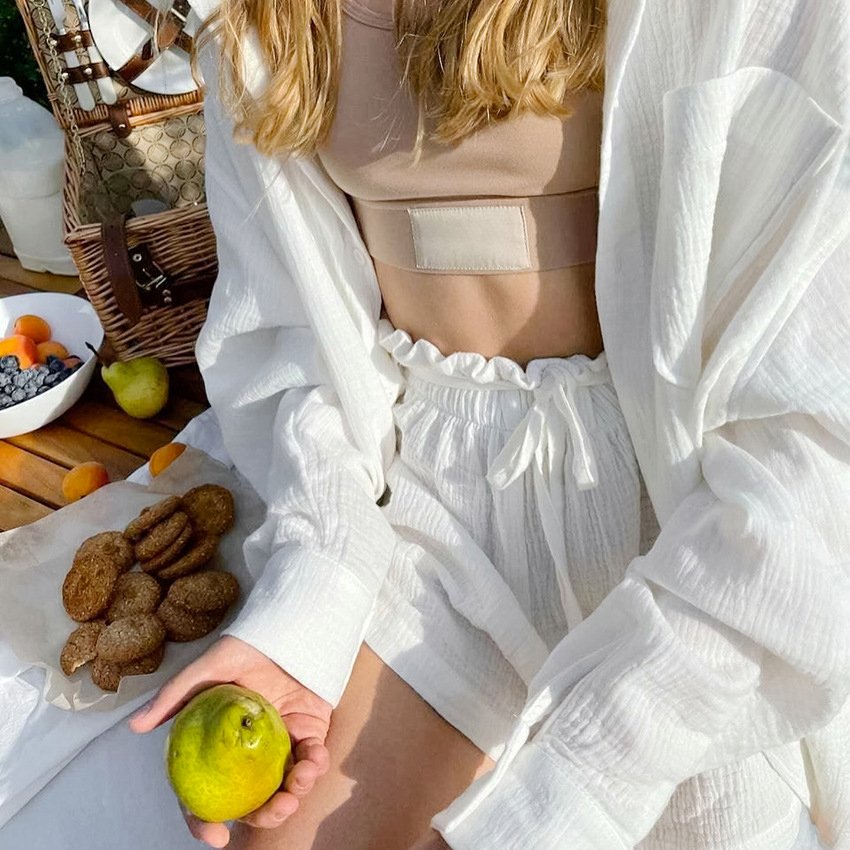 High Quality Fashion 100% Cotton Linen Casual Double Crepe Long Sleeve Shirt Shorts Women's Suit Shirt Shorts Suit