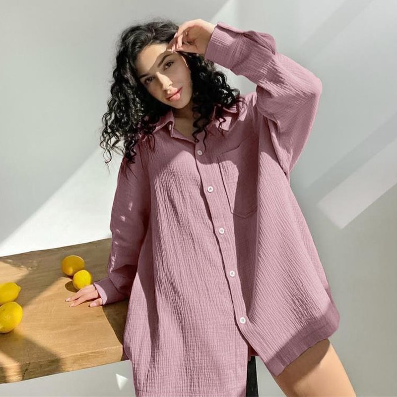 High Quality Fashion 100% Cotton Linen Casual Double Crepe Long Sleeve Shirt Shorts Women's Suit Shirt Shorts Suit