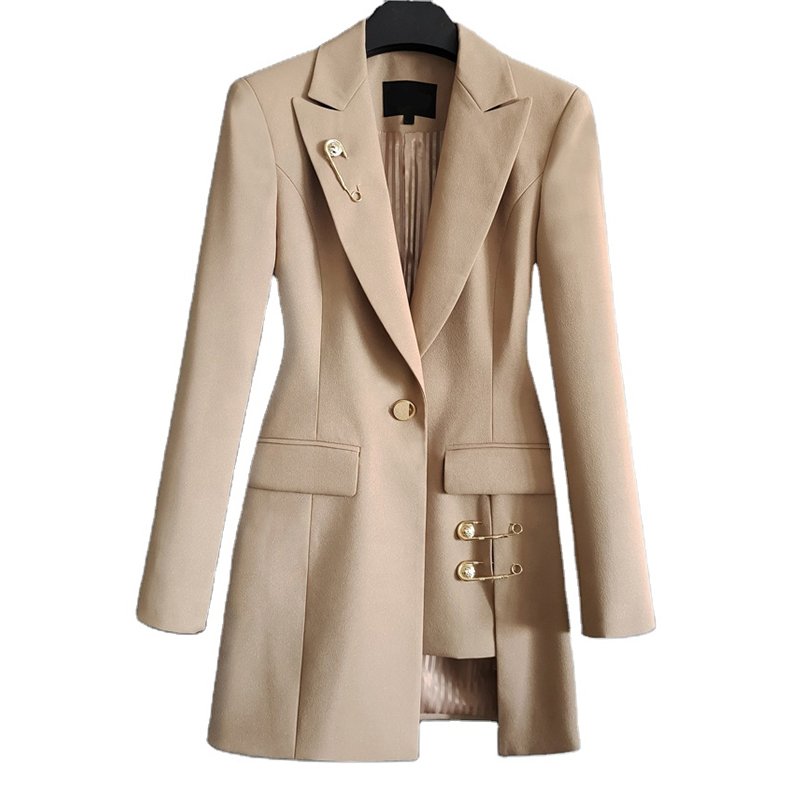 High Quality Women Custom Logo Slim Fit Notch Lapel Asymmetric Hem Safety Pins Casual Blazers Jacket
