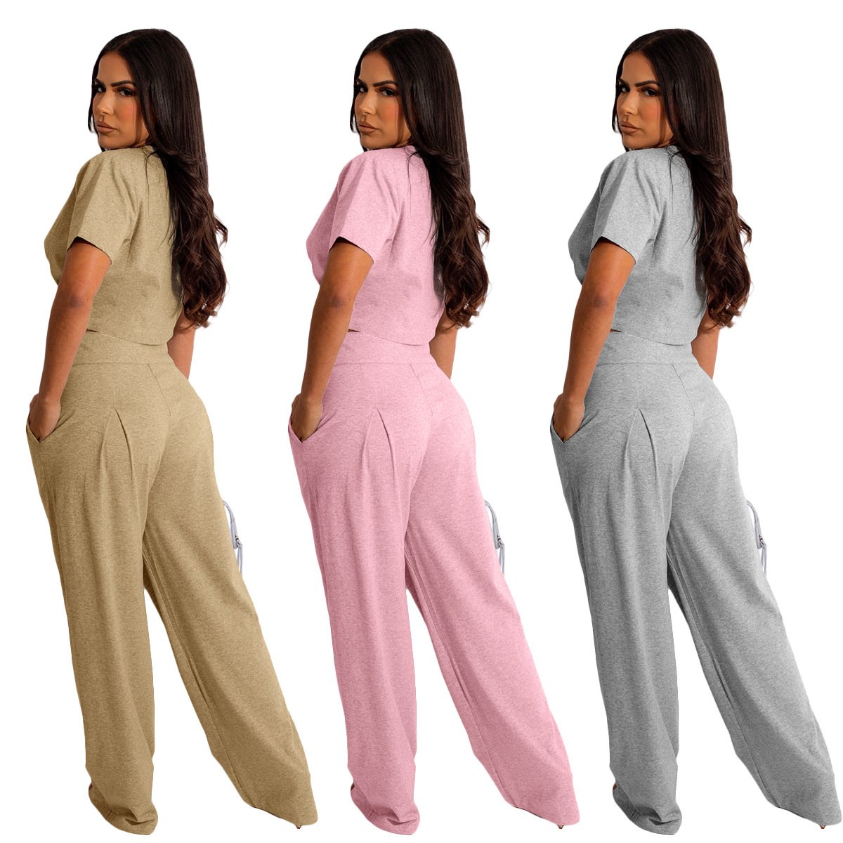 Summer Women Clothes 2 Piece Sets Sexy Short Sleeve Drawstring T Shirts Wide Leg Pants Women's sets