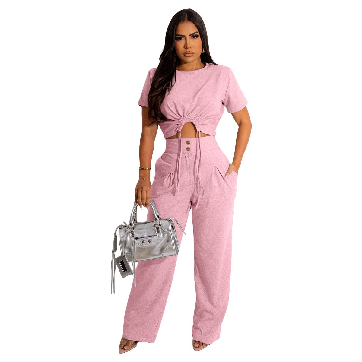 Summer Women Clothes 2 Piece Sets Sexy Short Sleeve Drawstring T Shirts Wide Leg Pants Women's sets