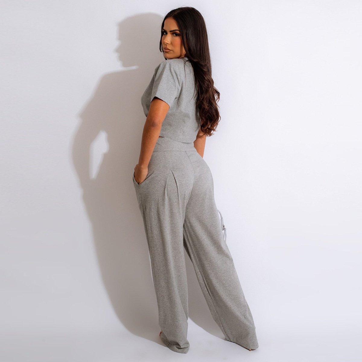 Summer Women Clothes 2 Piece Sets Sexy Short Sleeve Drawstring T Shirts Wide Leg Pants Women's sets