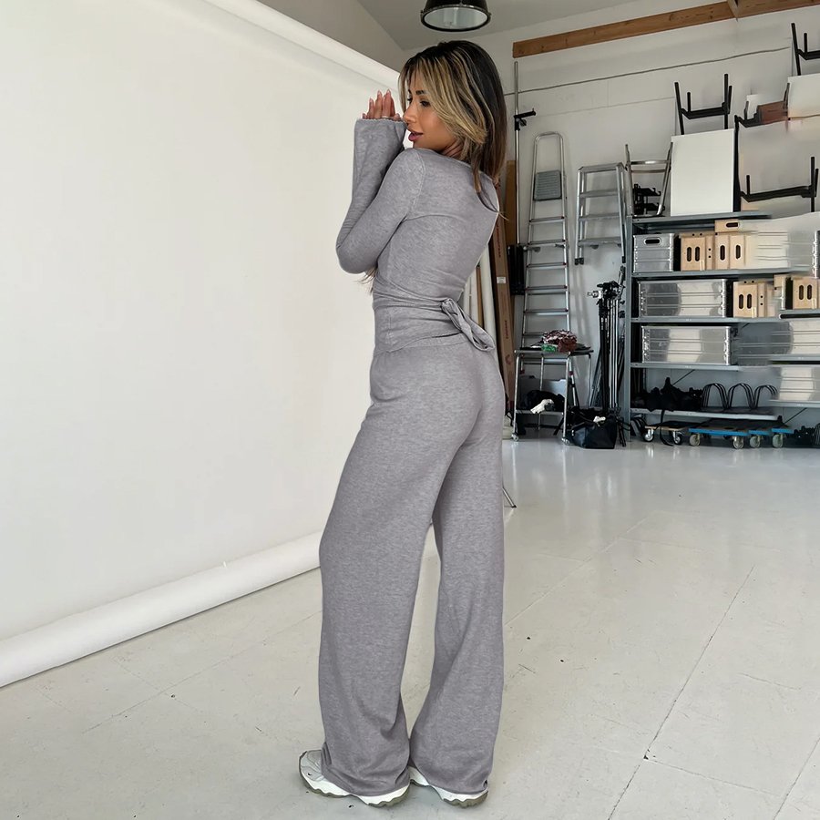 Kliou K24S53200 Autumn cotton 2 Piece Set women solid casual wear flare pants outfit long sleeve v neck women's set