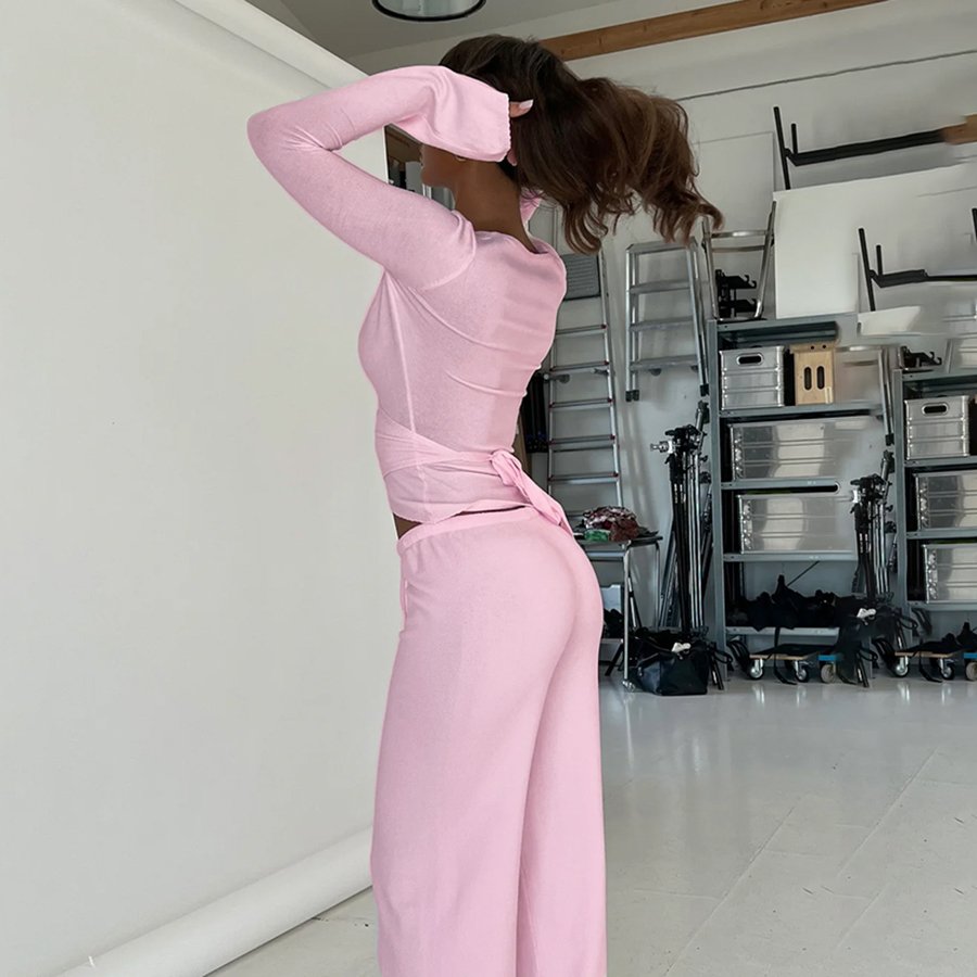Kliou K24S53200 Autumn cotton 2 Piece Set women solid casual wear flare pants outfit long sleeve v neck women's set