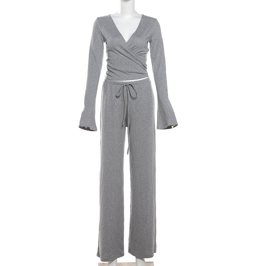 Kliou K24S53200 Autumn cotton 2 Piece Set women solid casual wear flare pants outfit long sleeve v neck women's set