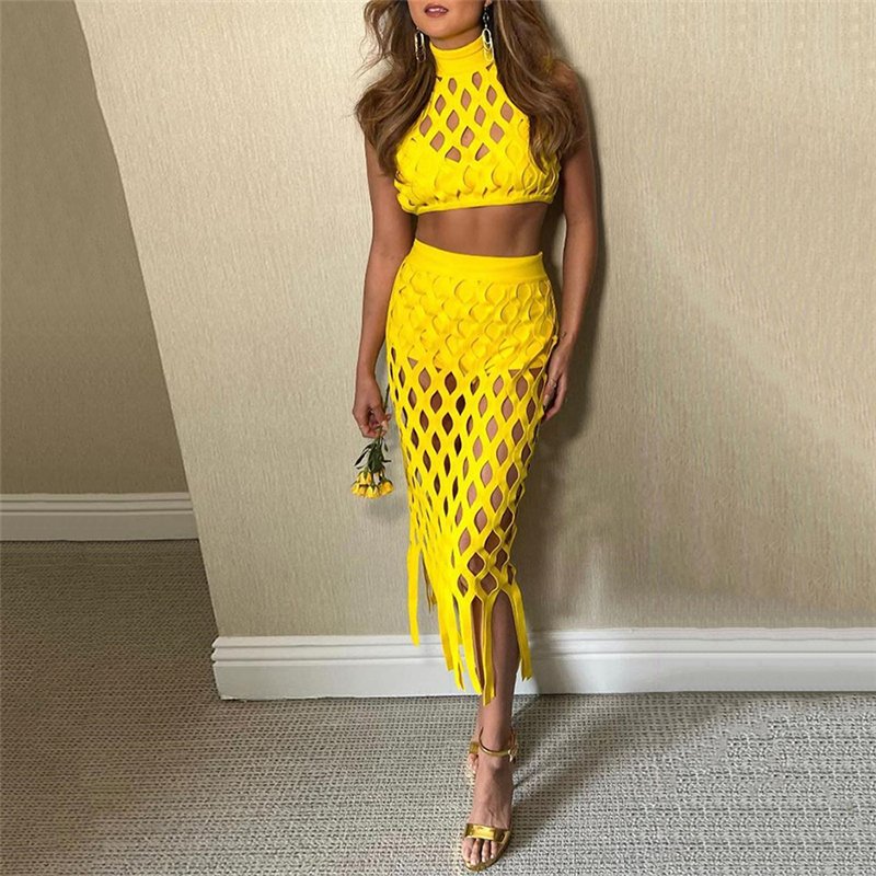 Custom Logo Clubwear Hollow Out Net Women's Sets Sleeveless Top + High Waist Skirt Sexy Women 2-Pieces Set