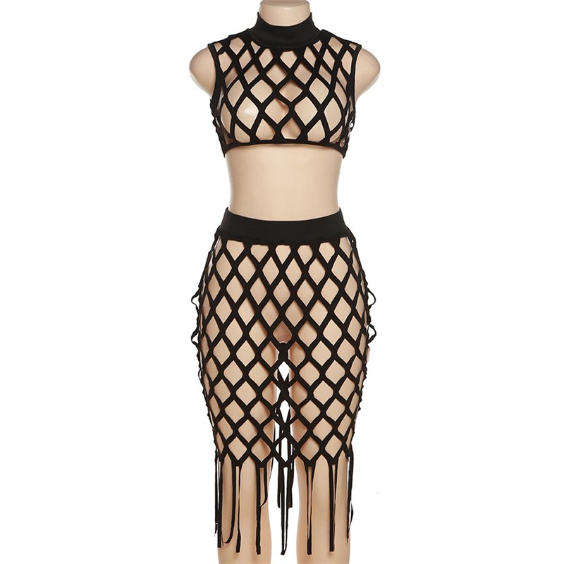 Custom Logo Clubwear Hollow Out Net Women's Sets Sleeveless Top + High Waist Skirt Sexy Women 2-Pieces Set