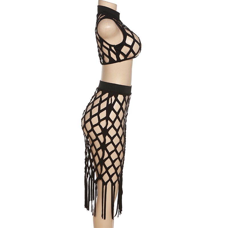 Custom Logo Clubwear Hollow Out Net Women's Sets Sleeveless Top + High Waist Skirt Sexy Women 2-Pieces Set