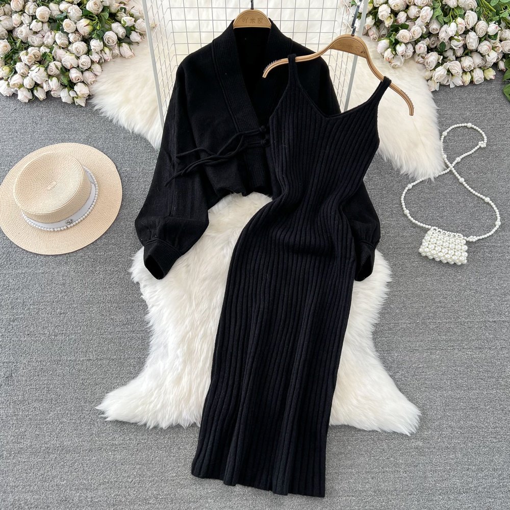 Fall and Winter Lantern Long Sleeve Knit Cardigan Jacket Long Vest Tight Dress 2 Piece Set