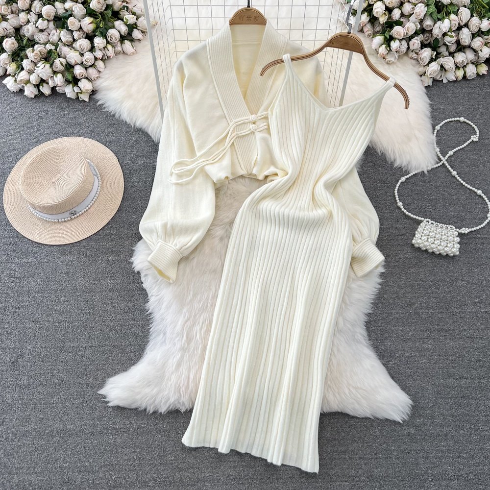 Fall and Winter Lantern Long Sleeve Knit Cardigan Jacket Long Vest Tight Dress 2 Piece Set