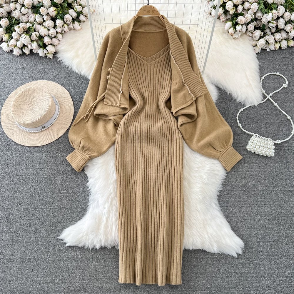 Fall and Winter Lantern Long Sleeve Knit Cardigan Jacket Long Vest Tight Dress 2 Piece Set