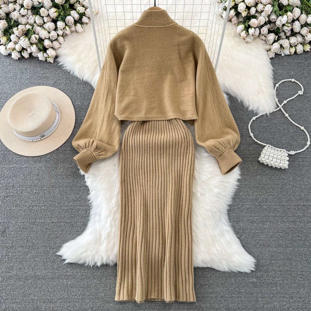 Fall and Winter Lantern Long Sleeve Knit Cardigan Jacket Long Vest Tight Dress 2 Piece Set