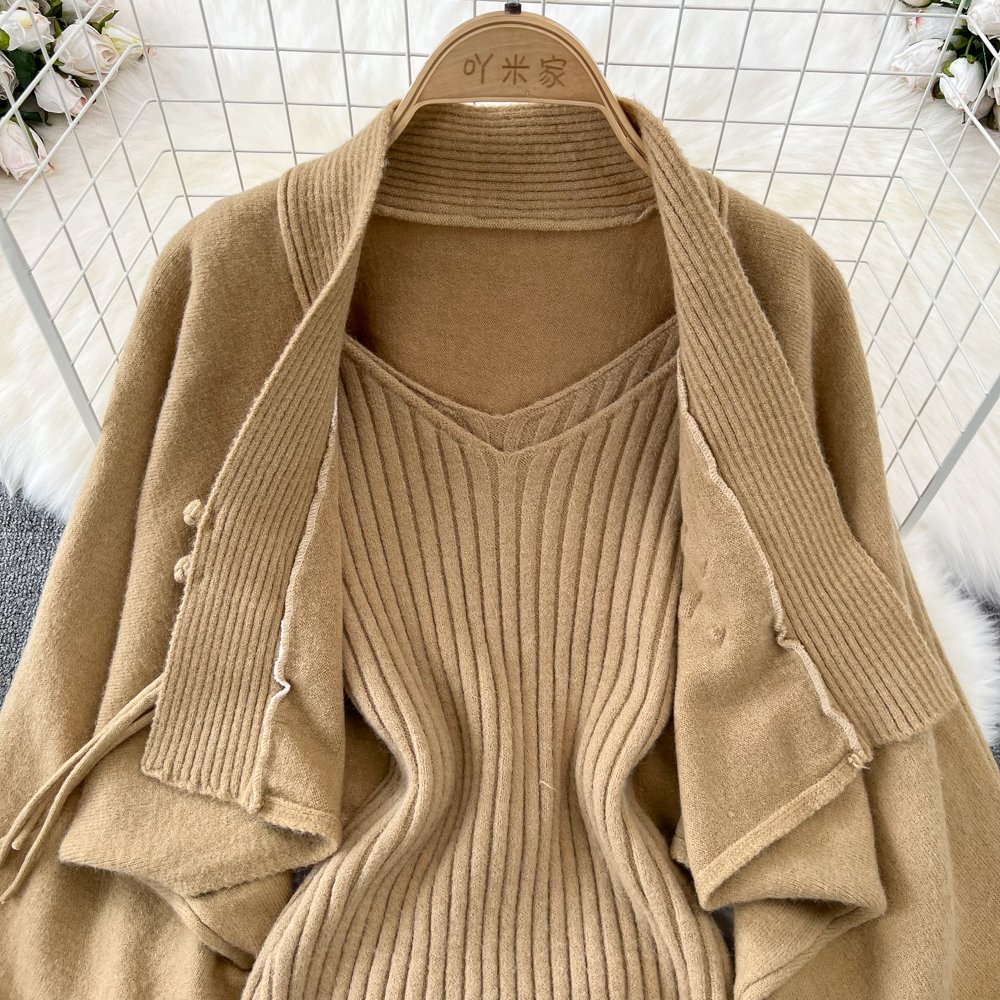 Fall and Winter Lantern Long Sleeve Knit Cardigan Jacket Long Vest Tight Dress 2 Piece Set