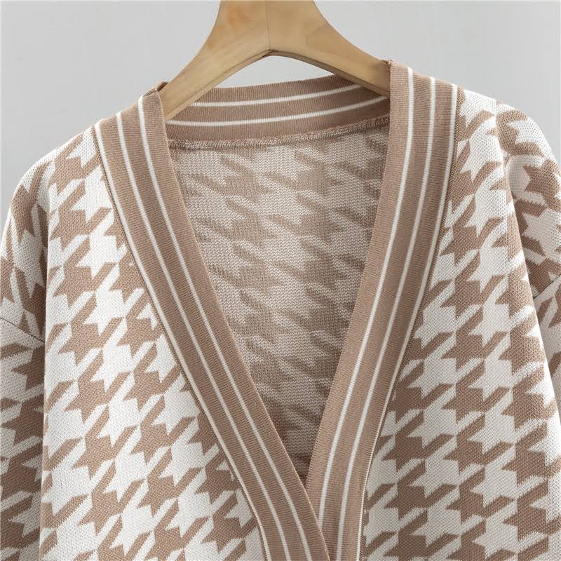 Wholesale Sweater Wear Cardigan Houndstooth Tiwnset Wide Leg Pants Plus Size Women's Sets