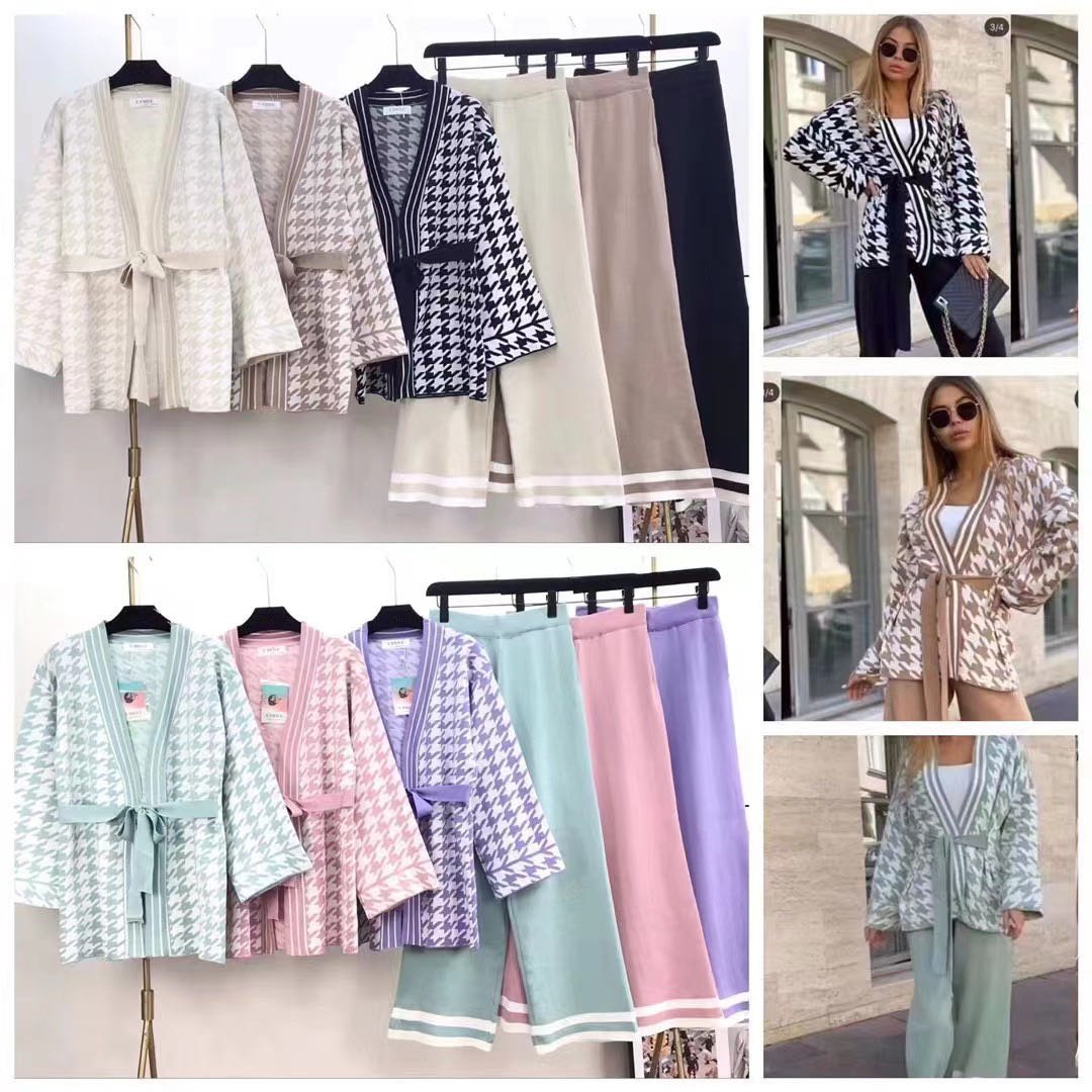 Wholesale Sweater Wear Cardigan Houndstooth Tiwnset Wide Leg Pants Plus Size Women's Sets