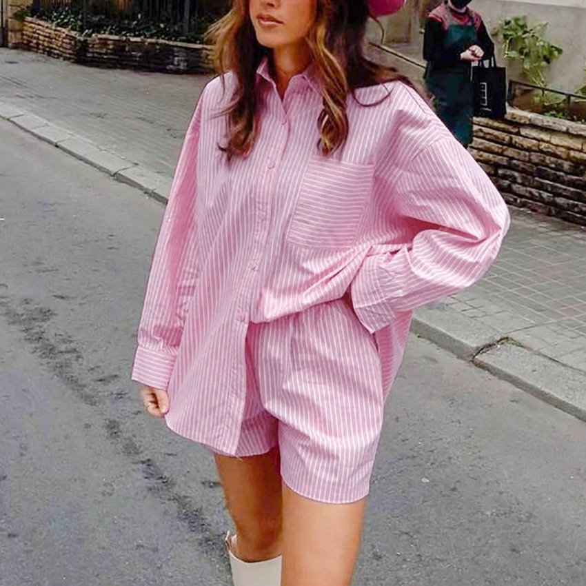 Women's 2 Piece Casual Tracksuit Outfit Sets Stripe Long Sleeve Shirt And Loose High Waisted Mini Shorts Set
